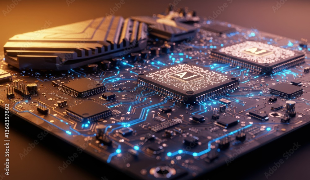 Poster close-up of circuit board with microchips and ai technology illuminated by blue lights. concept of m