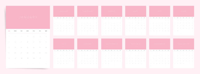 2026 Minimalist Pink Calendar Template. Simple elegant design with pastel header. Monthly desk planner with Sunday start week. English calendar vector layout.
