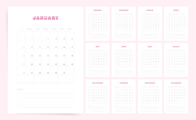 2026 Feminine Calendar Template. Week starts Sunday. Elegant desktop planner with gentle pink accents. Simple calendar for notes and plans. Vector editable 2026 calendar in English.
