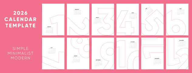 2026 Creative Outline Calendar. Minimalist modern design with numeric style. Elegant simple calendar template for desks or walls. Vector English monthly layout.
