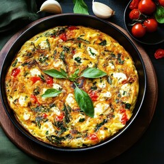 Omelet pan fluffy concept. A vibrant frittata featuring tomatoes, herbs, and cheese, served in a rustic wooden bowl, highlighting fresh ingredients and culinary art.