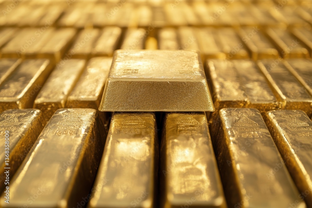 Poster pile of gold ingots stacked for storage in a secure vault environment