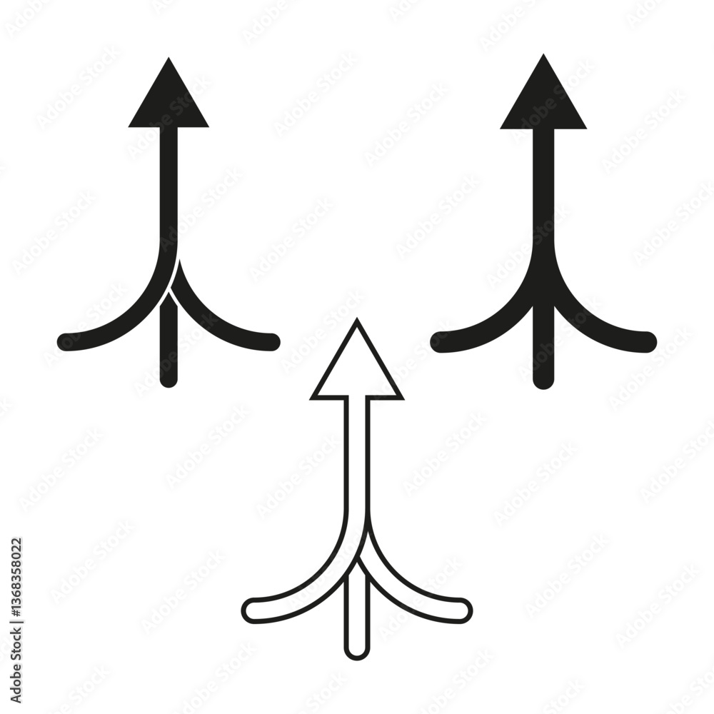 Poster converging arrow shape. upward pointer symbol. unified path direction. vector merging icon.