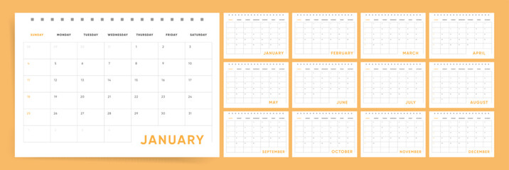 2026 Clean Calendar Template. Sunday start weekly 2026 planner in a modern style. Ideal for desk or wall display. Corporate English vector design.
