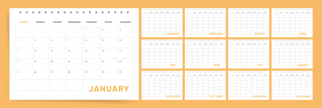 2026 Clean Calendar Template. Sunday start weekly 2026 planner in a modern style. Ideal for desk or wall display. Corporate English vector design.
