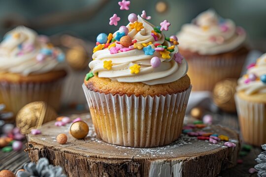Vibrant sprinkles tumbling onto a freshly frosted cupcake in a close-up moment of sweetness and celebration