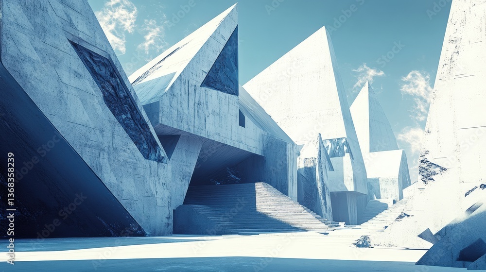 Poster a bold abstract architectural landscape with monolithic structures and sharp angular forms
