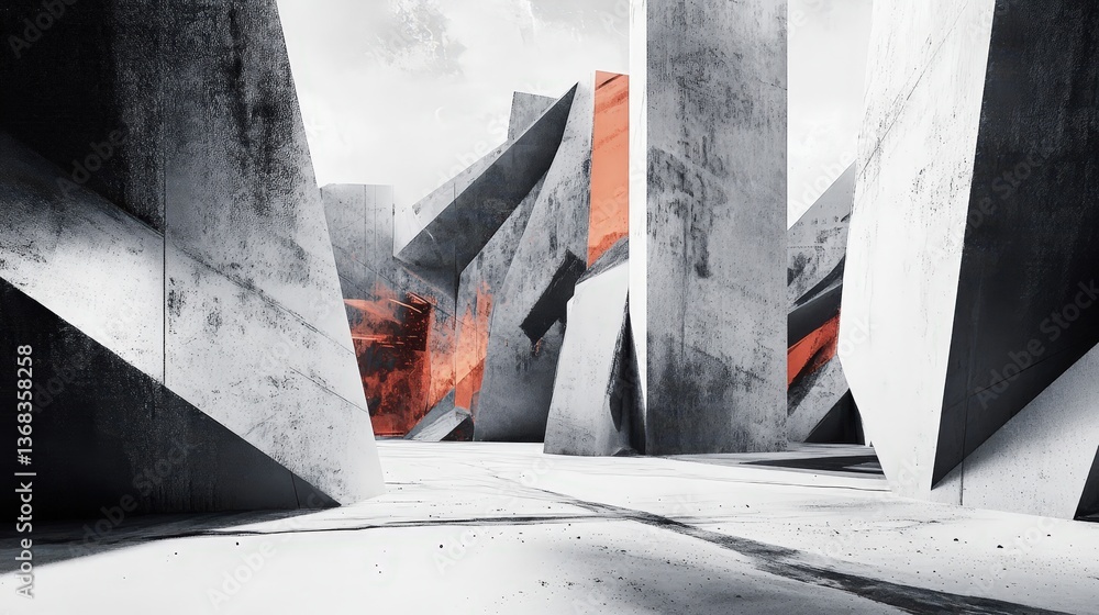 Poster a bold abstract architectural landscape with monolithic structures and sharp angular forms