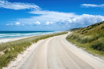 Scenic coastal road winding along sandy beach under blue sky with fluffy clouds