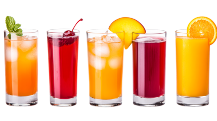 Colorful cocktails assorted on black background, cut out transparent