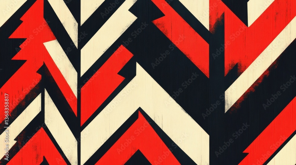 Poster a bold geometric pattern featuring arrows and chevrons arranged dynamically in high contrast.