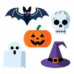 Vector icon sheet of Halloween featuring bat, skull, pumpkin, ghost, and witch hat in a flat design on a white background.