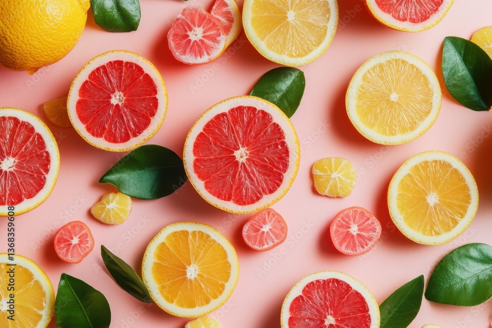 Poster vibrant display of citrus fruits with colorful slices and green leaves on a pastel background