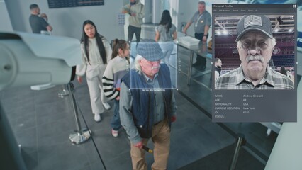 Airport Security Checkpoint: Surveillance Camera with Big Data AI Scanning Technology. Queue of Diverse People Passing Biometric Facial Recognition at Passport Border Control for Boarding Flight.