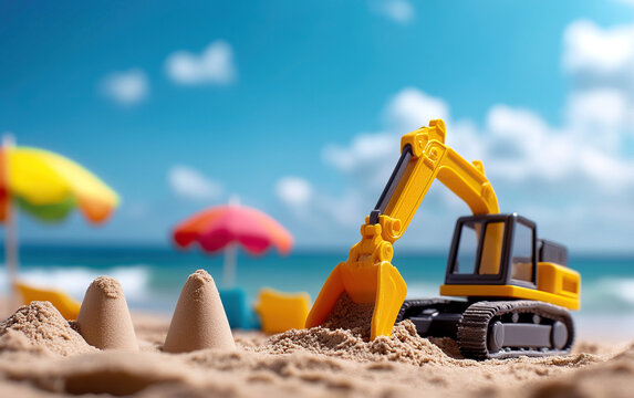 playful excavator on summer beach constructing sandcastles, bringing joy to children and creating fun memories