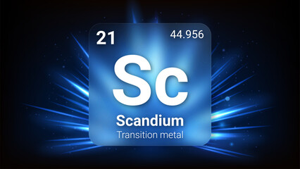 Scandium (Sc) (021) Transition Metal, Glass Morphism Element Futuristic Neon Light Glow Background Periodic Table, Chemical Symbol, Name, Atomic Mass, Atomic Number, Vector Illustration