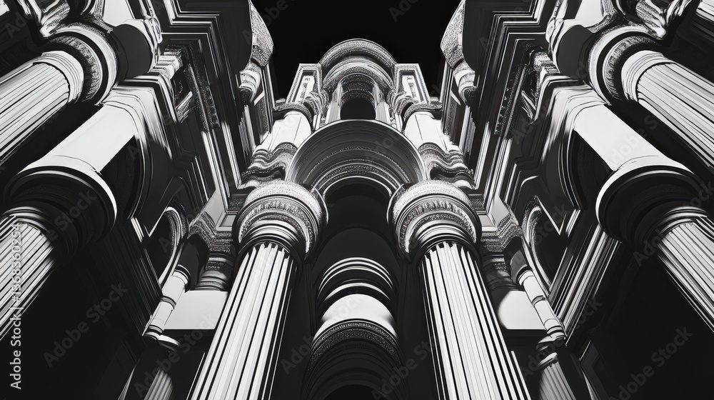 Poster a bold monochrome abstract architectural composition emphasizing contrast and symmetry.