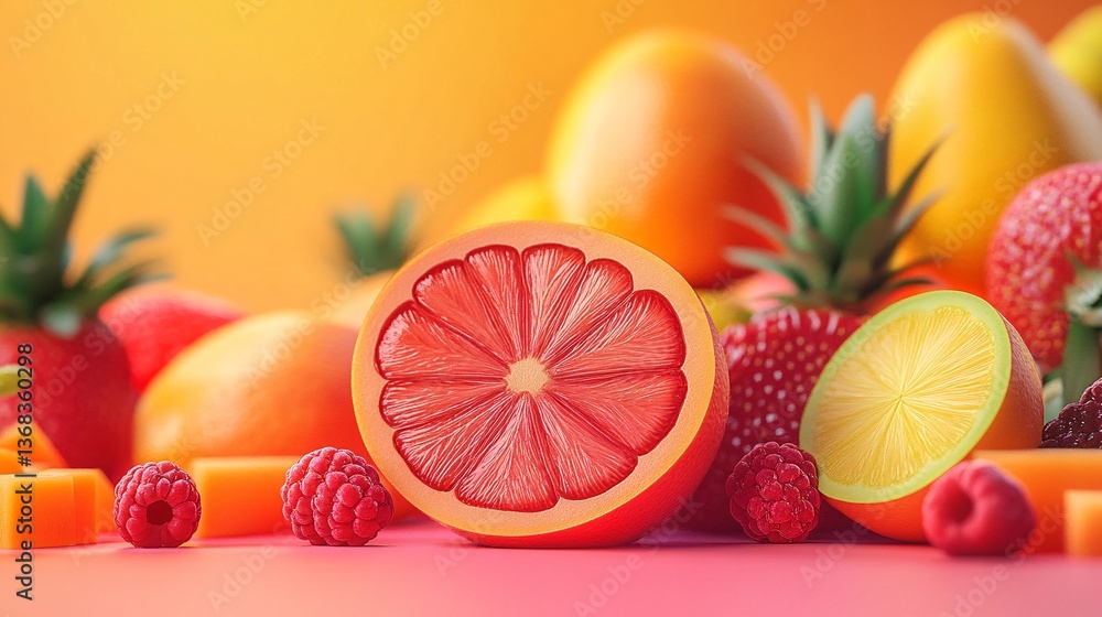 Poster vibrant arrangement of various sliced fruits and berries showcasing juicy textures and freshness