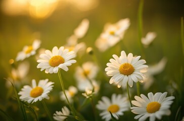 Fototapeta premium Close-up of delicate white daisies in a lush green meadow,