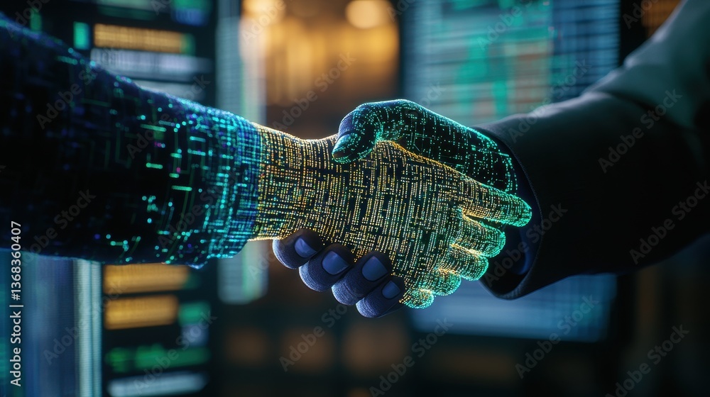 Poster digital handshake between a human hand and a glowing digital code hand representing technology and c