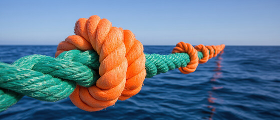 vibrant orange and green rope is tied knots, floating calm blue ocean waters clear sky, symbolizing strength and connection