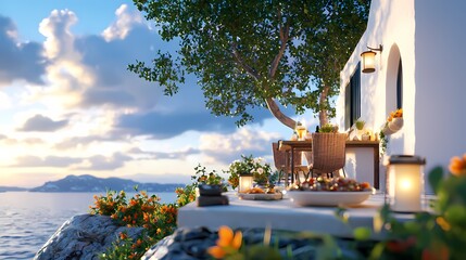 Relaxed Family Dinner on Cozy Terrace Overlooking Peaceful Evening Scene. A close-knit family enjoys a casual yet cherished meal together on their comfortably furnished outdoor living space.