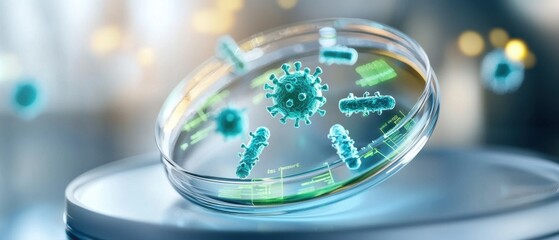 A petri dish filled with vibrant blue and green bacterial colonies, showcasing the dynamic nature of microbial life and the scientific study of microorganisms.