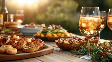 Naklejka premium A sophisticated outdoor dining arrangement featuring delicious dishes and refreshing beverages, surrounded by a serene backdrop of greenery and sunlight in the evening.