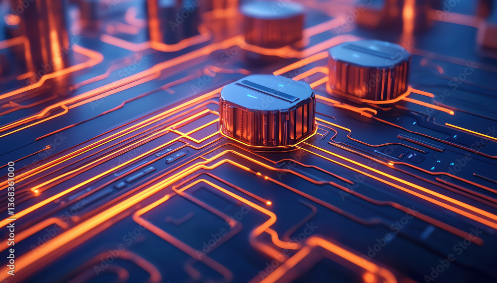 Poster high tech circuit board with glowing orange lines and metallic components, showcasing advanced techn