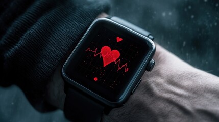 A fitness enthusiast wearing an ECG-equipped smartwatch during a workout, with the monitor displaying heart rate data, promoting health technology.