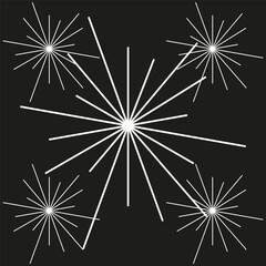 Starburst light rays. White linear shapes. Black background contrast. Abstract vector pattern.