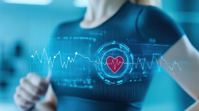 A fitness enthusiast wearing an ECG-equipped smartwatch during a workout, with the monitor displaying heart rate data, promoting health technology.