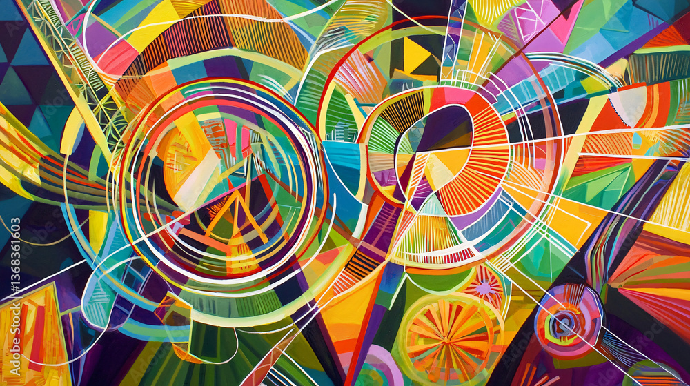 Poster vibrant and colorful abstract painting featuring dynamic lines, geometric shapes, and interwoven cir