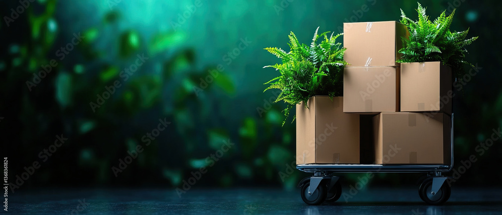 Poster boxes on dolly cart surrounded by lush greenery create vibrant and fresh atmosphere, perfect for tra