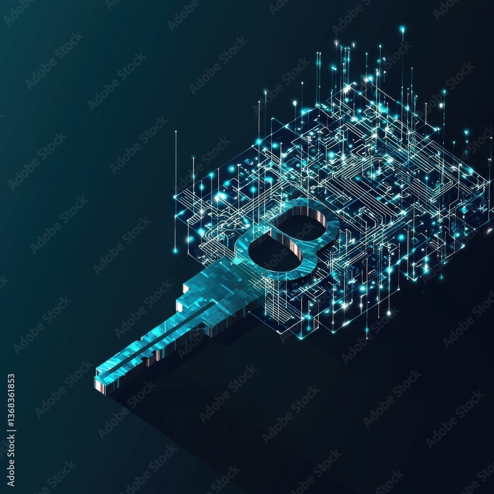 Poster cyber key floating above a blockchain ledger