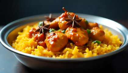 Spicy Chicken Biryani on Yellow Rice &ndash; Stunning Bottom View

Flavorful Chicken Biryani Over Yellow Rice in Metal Dish