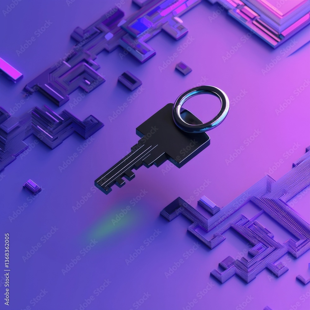 Poster cyber key floating above a blockchain ledger