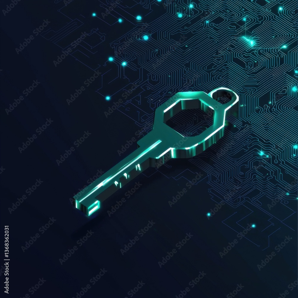 Poster cyber key floating above a blockchain ledger