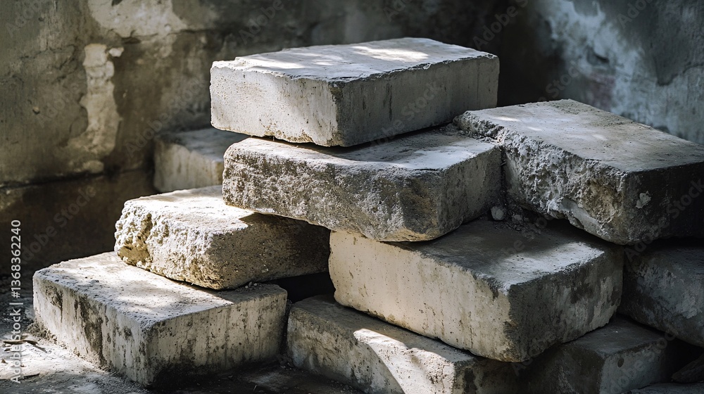 Aufkleber Stack of concrete bricks creating an improvised staircase in abandoned building