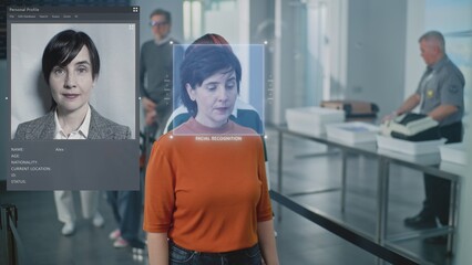 Security Checkpoint: Queue of Diverse People Passing Biometric AI Face Identification at Border...