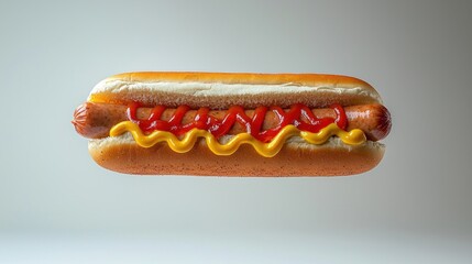 Classic hot dog, topped with ketchup and mustard, served in a bun.  A delicious, simple food