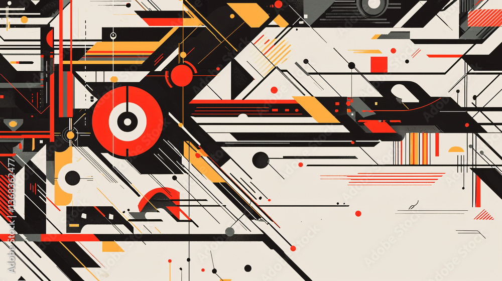 Poster captivating geometric pattern with dynamic lines and shapes arranged to create an energetic and enga