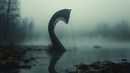 Surreal harp sculpture emerging from misty waters, surrounded by eerie trees in twilight