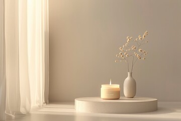 Serene interior scene featuring a lit candle and minimalist vase with dried flowers on a table