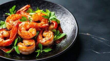 A vibrant and appetizing plate of grilled shrimp garnished with fresh green herbs, showcasing a delicious seafood dish that’s perfect for any occasion or culinary delight.
