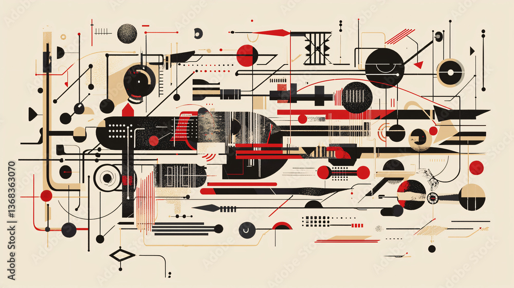 Poster graphic design composed of dynamic lines and shapes arranged in an energetic pattern that represents