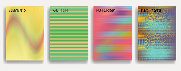 Glitch distorted geometric template brochures . Modern art design . Noise destroyed glitched flyer . Trendy brochure with vector lines . Glitched flyer. Hologram effects . set of vector templates