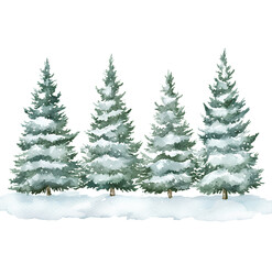  A row of watercolor pine trees covered in snow, isolated on a transparent background, PNG