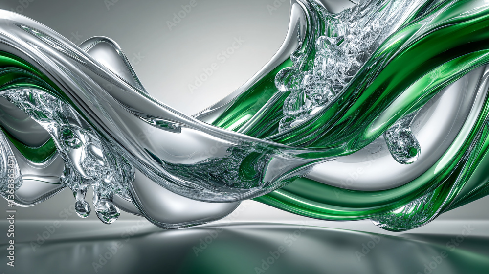 Poster fluid green and white wave design featuring dynamic metallic waves that create an engaging abstract 