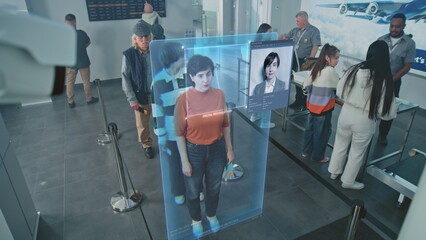 Airport Checkpoint: Queue of Diverse People Passing Biometric AI Face Scanning at Border Control....